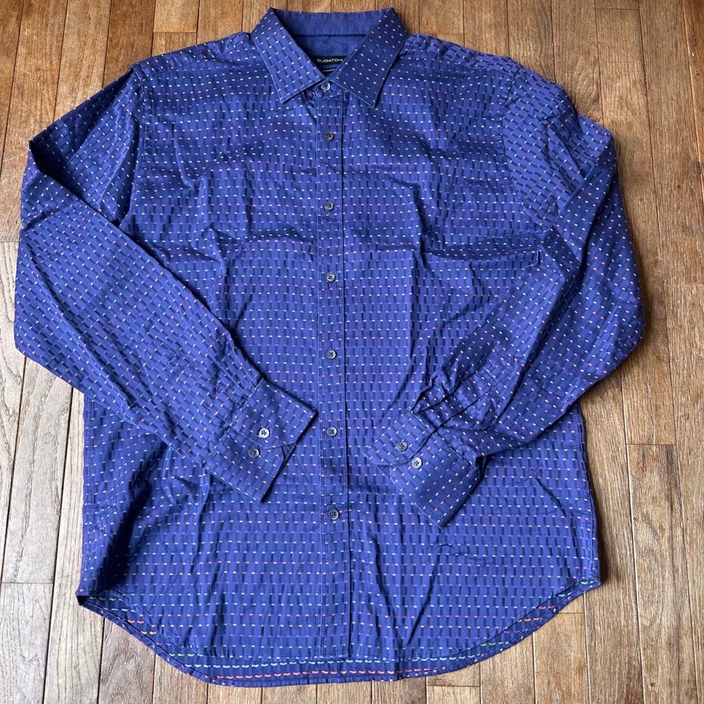 Bugatchi Button Down Shirt Mens XL Shaped Fit Geometric Purple Modern Workwear